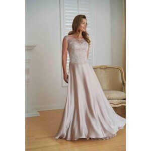 Jade Couture K218007 Satin Face Chiffon MOB Dress with Boat Neckline, Latte, Siz